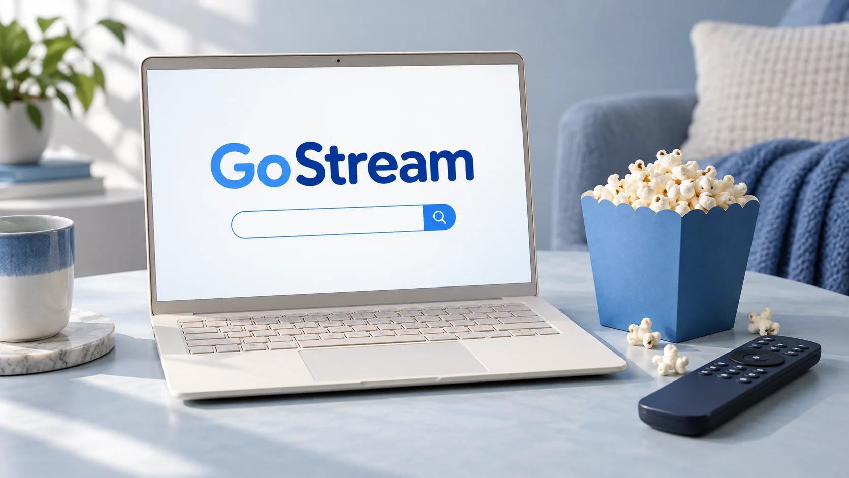 GoStream on a laptop beside blue popcorn and a television remote